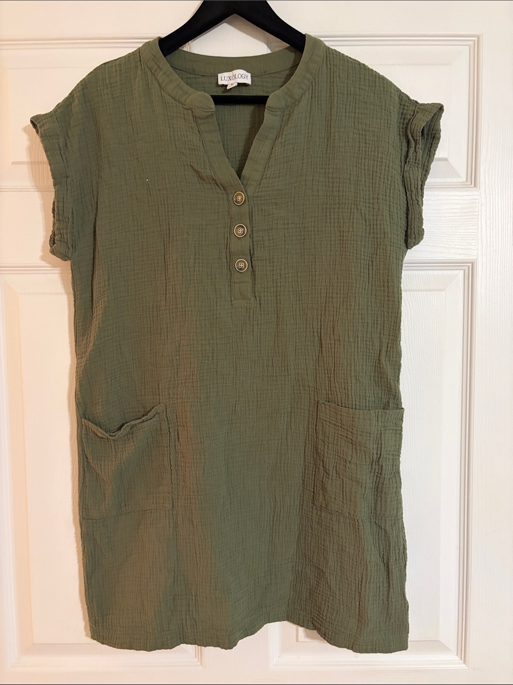 Luxology Olive Green Cotton Gauze Tunic Dress Henley Pocket Shift M